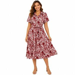 Rachel Zoe Dress Womens Large Red Floral Short Sleeve Belted Midi Button Front